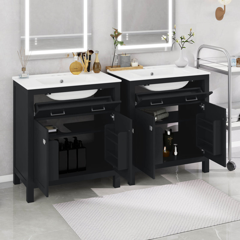 60" Bathroom Vanity Set With Double Sink, Vanity Cabinet With Flip Drawer, 2 Doors, And Adjustable Shelf, Solid Wood Bathroom Cabinet