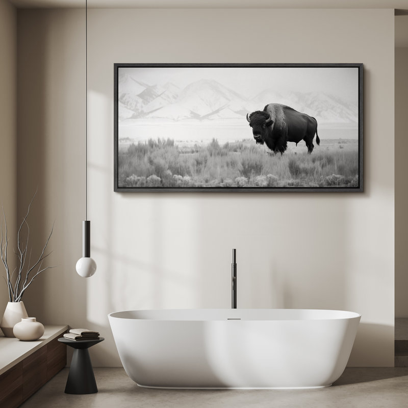 Vache animaux bison monochrome dans les plaines, reproduction d'art sur toile, H 30 po x l 60 po, Noir