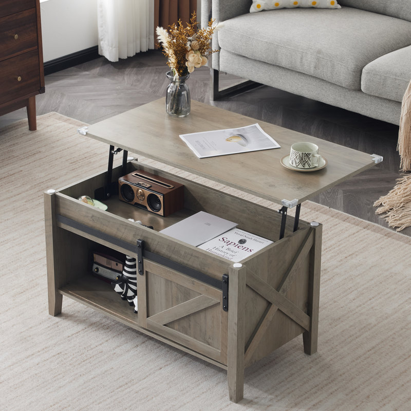 Table basse avec plateau relevable et rangement, Brun, Bois brun