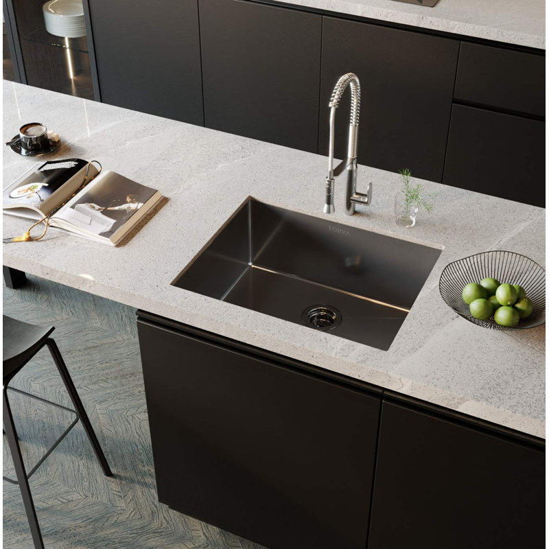 Évier de cuisine encastrable 25 po x 18 po - Revêtement en céramique Nanotek noir brillant, bol simple en acier inoxydable 304 de calibre 16 pour la cuisine, le bar ou la préparation