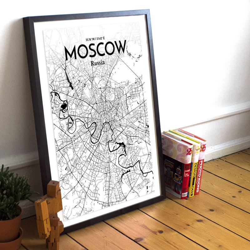 Moscow City Map - Unframed Graphic Art Print on Paper, 91.4cm H x 61cm W x 0.13cm D, Black