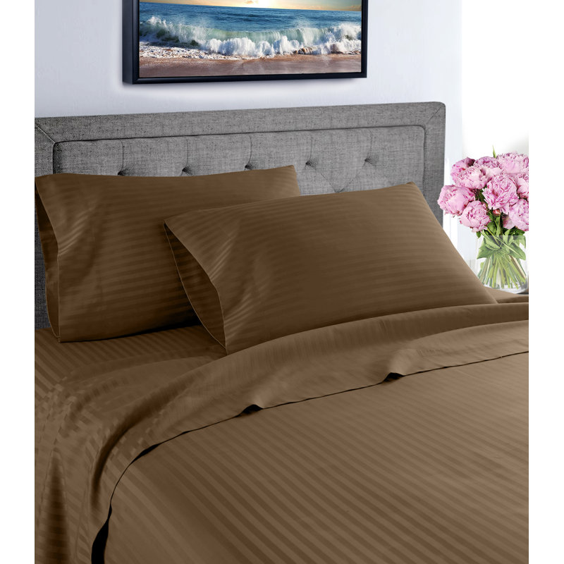 Egyptian Cotton Sateen Striped Sheet Set, Brown, Twin XL