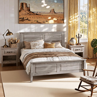 Farmhouse Bed Frame, Bedframe with Headboard and Footboard, Wooden Bed Frame with Solid Wood Slats, Rustic Grey Platform Bed Frames Queen-Size, No Box Spring Needed