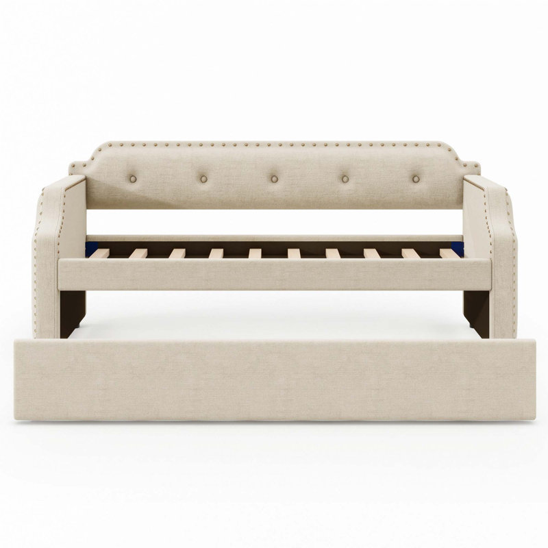 Upholstered Daybed with Trundle, Wood Slat Support,Upholstered Frame Sofa Bed, Beige