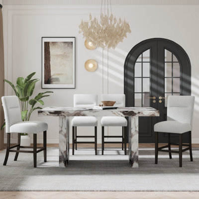 Roundhill Furniture Cavira 5-Piece Modern Faux Marble Dining Set, Counter Height Table With 4 Upholstered Chairs