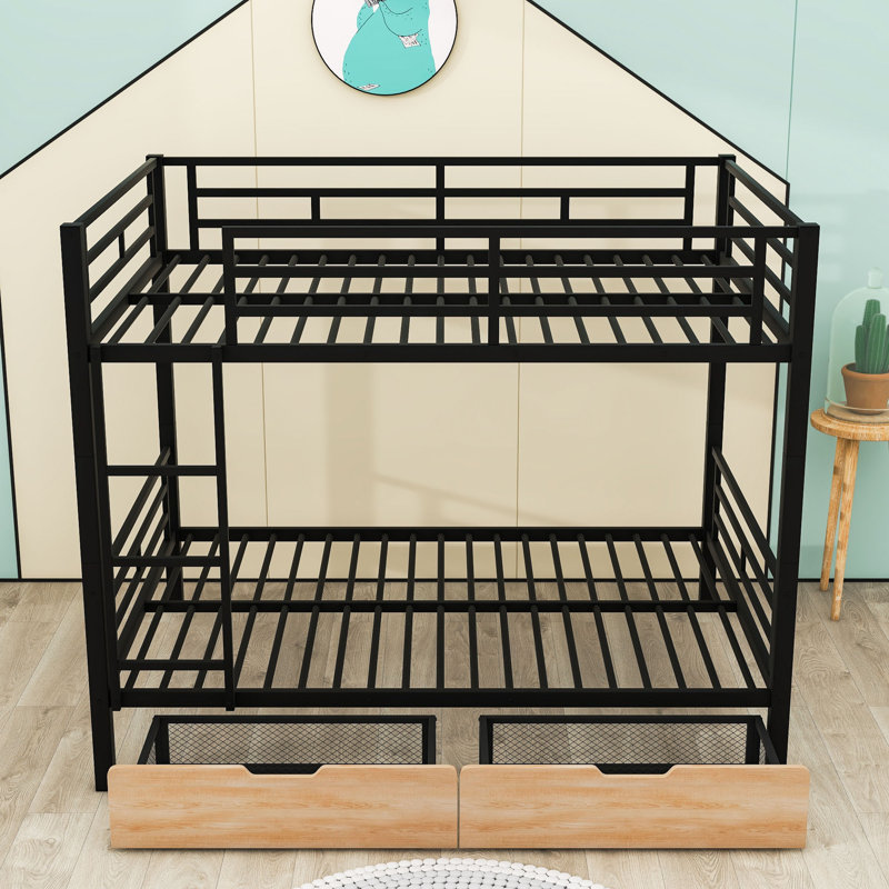 Kendry Full Over Full Size Metal Bunk Bed with 2 Drawers and Ladder