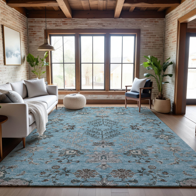 Premium Machine Washable Gurubaksh AMF1156 Floral Rug, Rectangle 5' x 7'6"