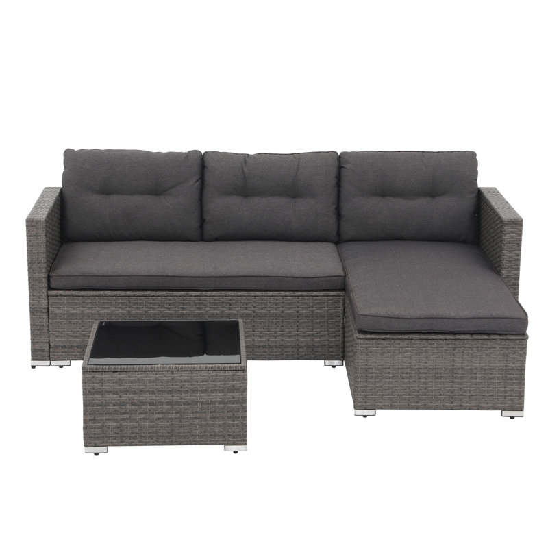 Presious 3 Piece Rattan Sofa Seating Group with Cushions, Gray Frame/Dark Gray Cushion
