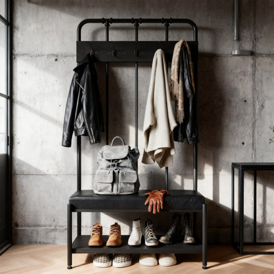 Industrial Hall Tree With Bench - 3-In-1 Entryway Organizer With Coat Rack, Shoe Storage & Upholstered Seat, Heavy-Duty Steel Frame For Living Room, Bedroom Or Foyer