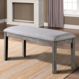 Rustic Solid Wood Dining Bench with Padded Fabric Seat and Wire-Brushed Finish, Perfect for Modern Farmhouse Decor.