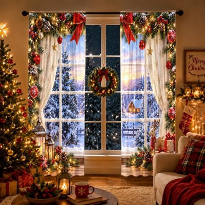 2Pcs Winter Wonderland Scene Curtains, Festive Holiday Christmas Snow Landscape Rod Pocket Light Filtering Window Drapes For Living Room Bedroom Kitchen Window Decor,