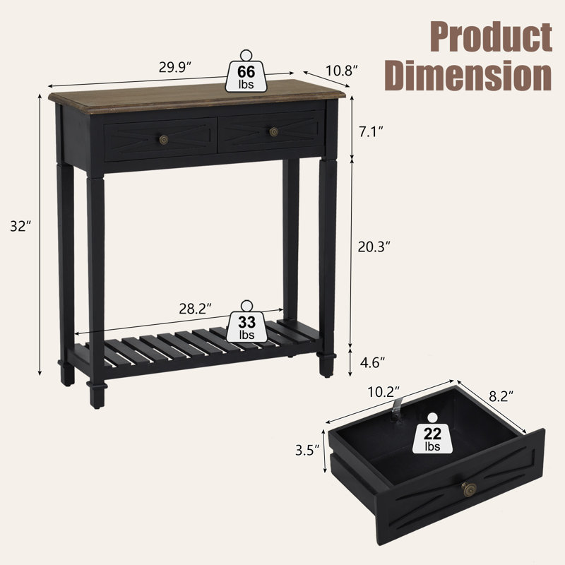 Entryway Table with Storage - Narrow Console Table with 2 Drawers and Shelf, Farmhouse Sofa Table, Wooden Console Tables for Entryway, Living Room, Hallway, Black