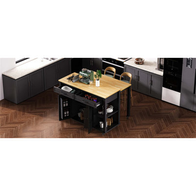 Îlot de cuisine polyvalent avec table de salle à manger extensible, supports de rangement internes, prises de courant intégrées, tablettes réglables et options de mobilité double.