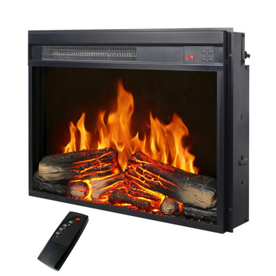 Foyer électrique encastré de 58 cm (23 pouces) ultramince avec bûches décoratives et flamme réaliste, télécommande, minuterie et protection contre la surchauffe.