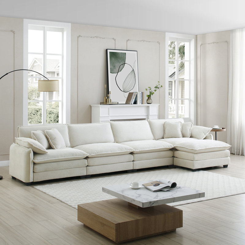 Canapé avec un repose-pieds, Velours côtelé vert, H 33,85 po x l 150,38 po x P 34,25 po