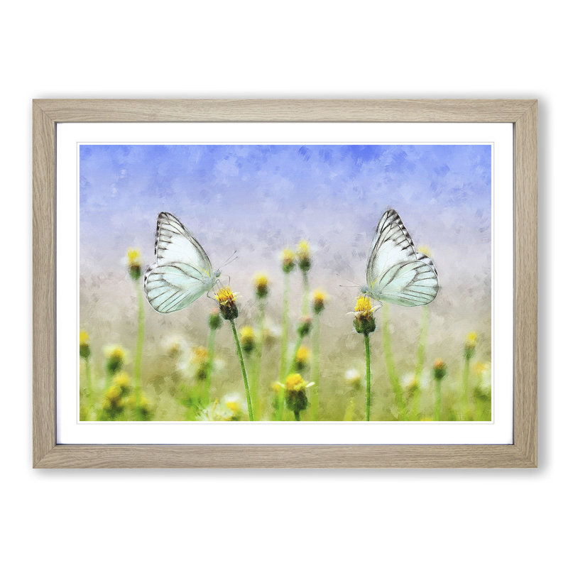 Two Butterflies upon Yellow Flowers - Framed Print, 62cm H x 87cm W x 2cm D, Oak Framed