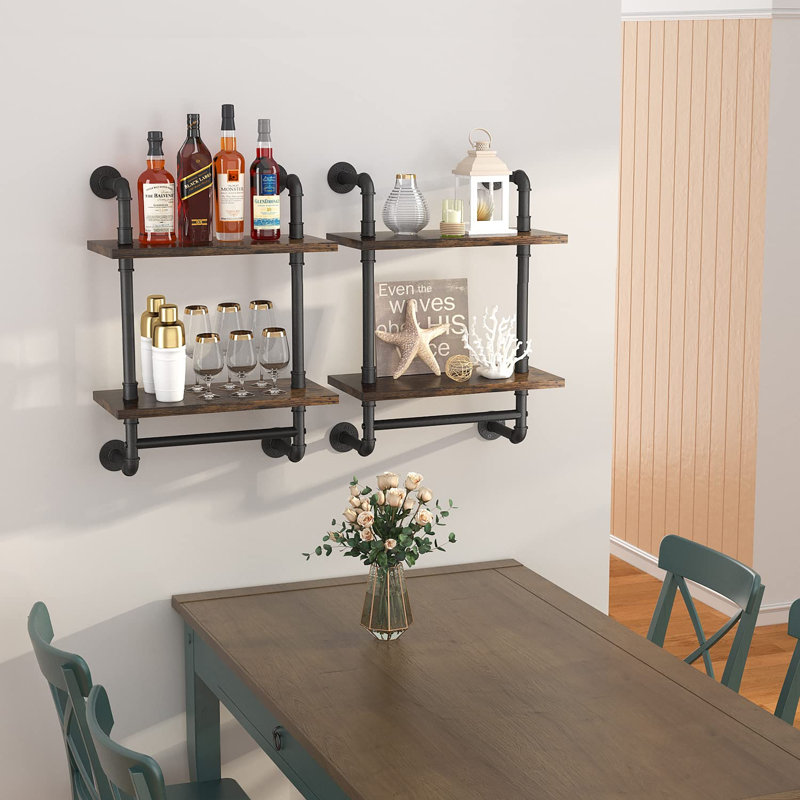 16 Inch Industrial Pipe 2-Tier Wall Shelf with Towel Bar