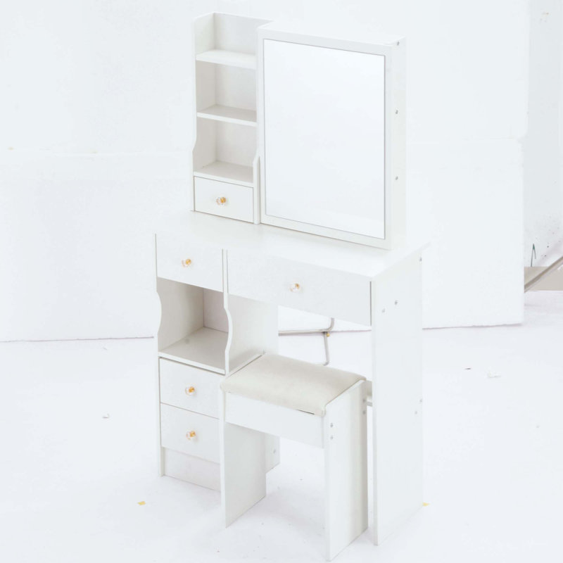 Petite coiffeuse avec tiroir de gauche et tabouret rembourré, très grand miroir coulissant à droite, rangement multicouche à grande capacité, commode pratique et pratique, convient aux petits espaces