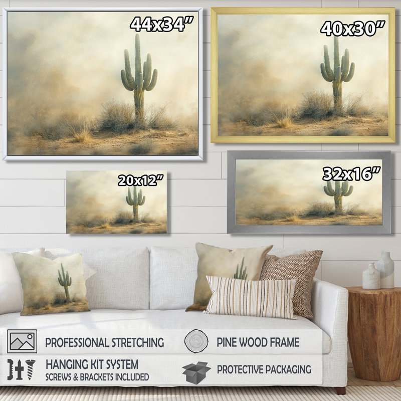 Cactus tempête de sable II - cactus, art mural, Cadre simple, Noir, H 12 po x l 20 po
