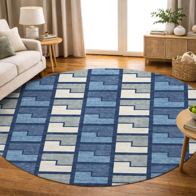 Premium Machine Washable Mayfield AMF2417 Geometric Rug, Navy, 8' Round