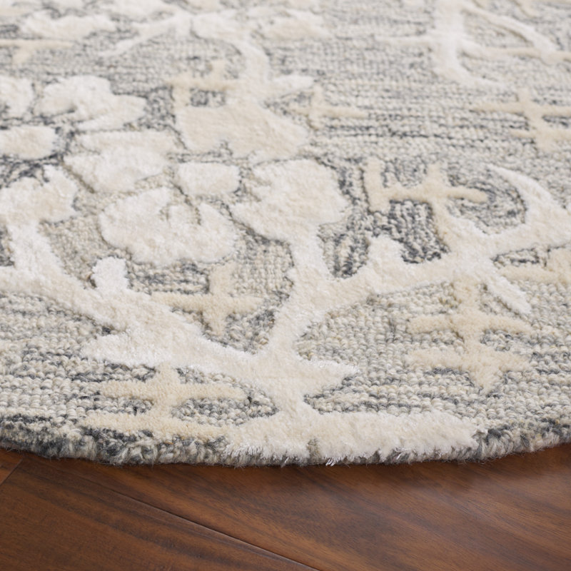 Sirish Hand Tufted Wool/Viscose/Cotton Floral Rug in Ivory/Gray, Round 6'