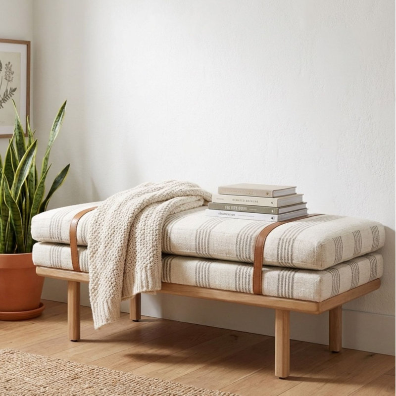 Banc rembourré Azayvion avec base en bois, Light Brown Stripes