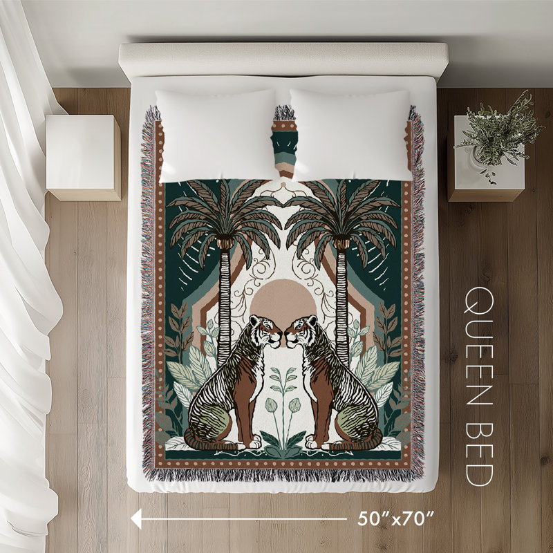 Jeté en mélange de coton Faya Tiger, Vert / Orange, L 70 po x l 50 po
