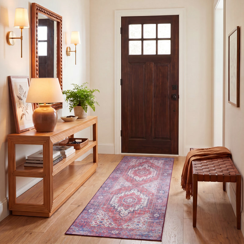 Tapis oriental rouge et bleu, Tapis de couloir 2 pi 6 po x 8 pi