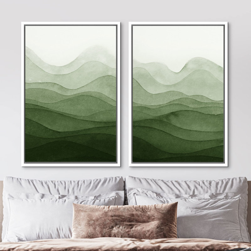 Minimalist Mountains " Emerald Green Mountain Range Abstract Wall Pictures Modern Art Decor Rustic Minimal Bedroom " 2 - Pieces