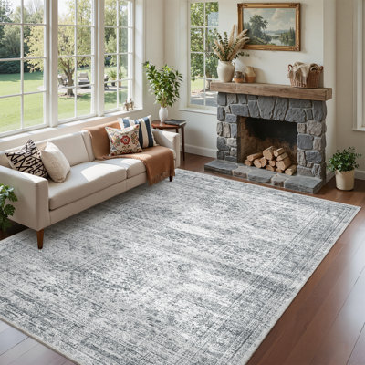 Tapis antidérapant lavable et résistant aux taches pour le salon, la salle à manger et la salle à manger - gris, 5 pi x 7 pi
