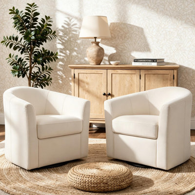 Upholstered Ivory Velvet Swivel Barrel Chair