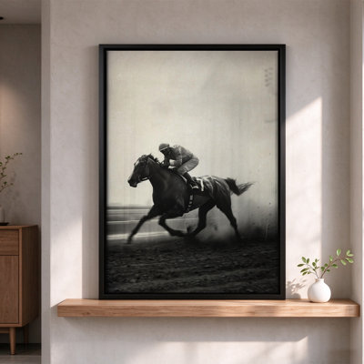 «Racehorse and Jockey in sépia», art mural encadré sur toile, cadre noir, 24 x 36 po