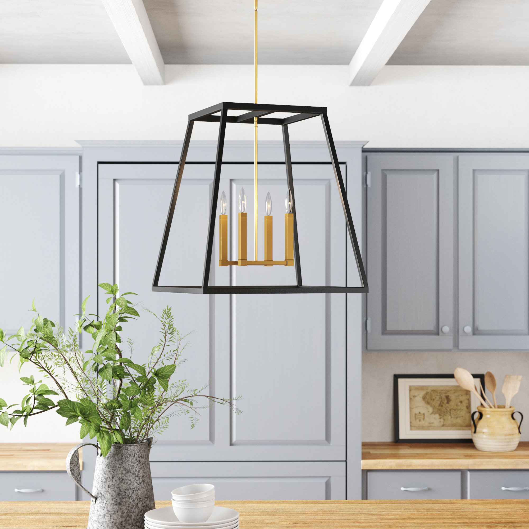 4 Light Steel Dimmable Pendant, 24.5" H x 22" W x 22" D