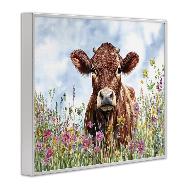 Vache Angus dans un champ de fleurs, estampe numérique, design par Franklyn Gregory, H 24 po x l 30 po
