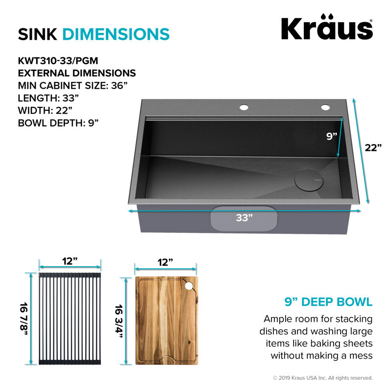 Évier de cuisine à simple cuve encastrable en acier inoxydable de calibre 16 KRAUS Kore ™