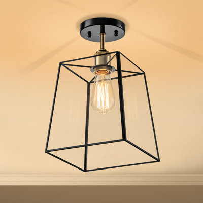 1-Light+Brass Semi-Flush Mount Ceiling Light With Tempered Glass Shade