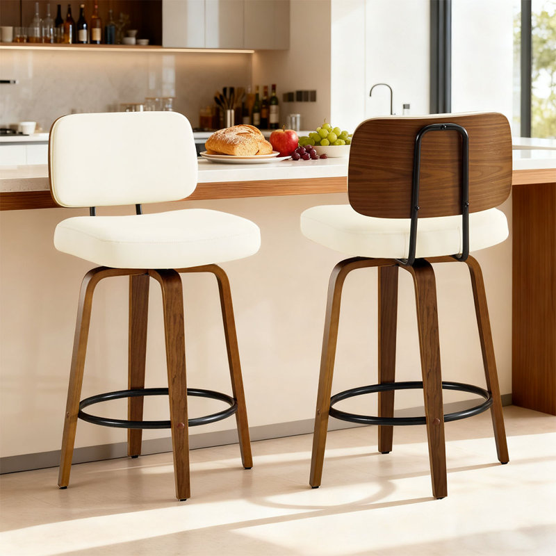 27" Set of 2 Swivel Faux Leather Counter Height Bar Stools with Backrest,Cream White, Cream/White, 2