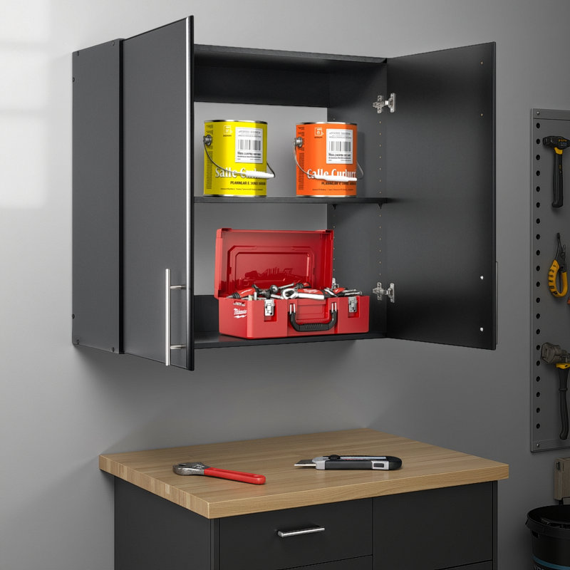 Waco 32" Wide Storage Cabinet with 1 Adjustable Shelf, Garage, Bathroom Cabinet, Kitchen Pantry Cabinet, 12" D x 32" W x 30" H, Black