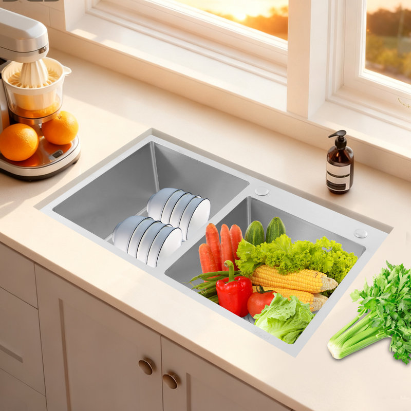 31.5Inch Rectangular Stainless Steel Dual Bowl Countertop Drop In Kitchen Sink Silver, Silver