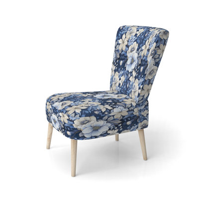 Chaise d'appoint en velours bleu et blanc à motif floral V - Cottage