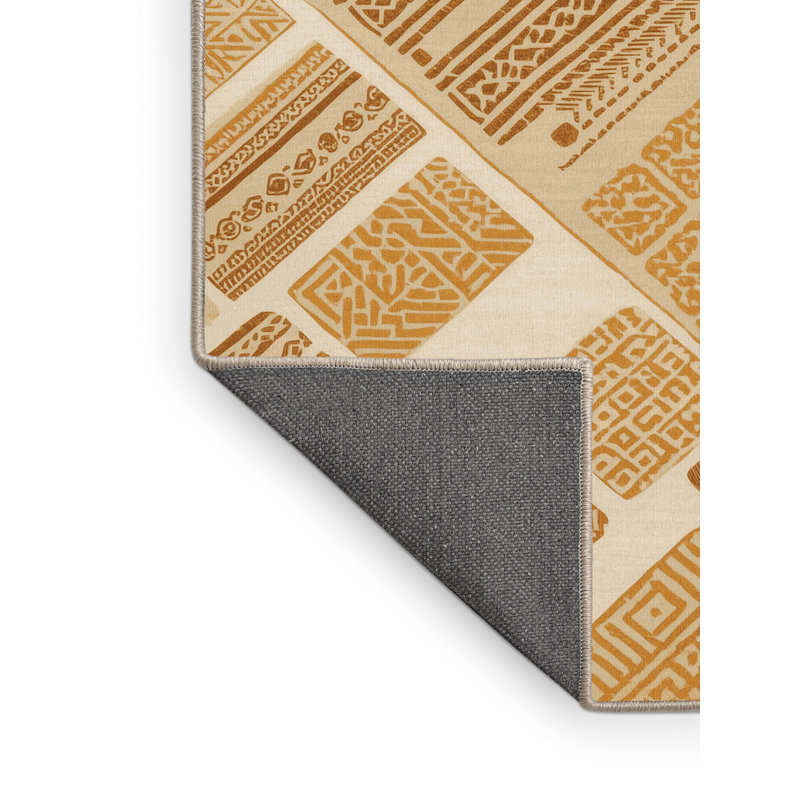 Soft Plush Buschwick Flatbread Global Inspired Block Print Area Rug in Beige – Beige Binding, 7x9