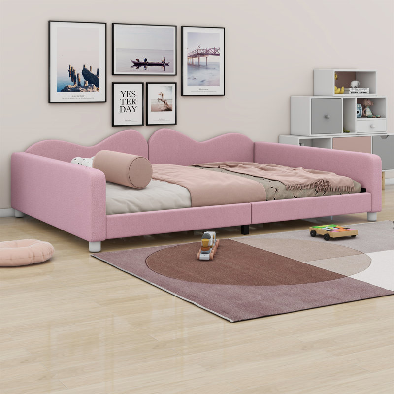 Upholstered Daybed With Cloud-Shaped Backrest, Pink, Full