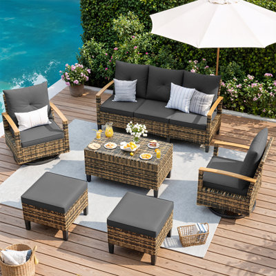 7-Person All-Weather Wicker Patio Conversation Set with Swivel Wicker Chairs, Storage Coffee Table & Multi‑Purpose Ottomans