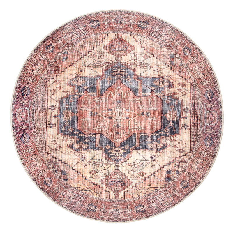 Alfonso Medallion Power Loom Performance Red/Orange Rug, Round 8'