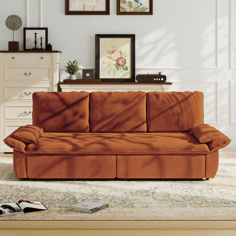 Divan-lit gigogne convertible 3-en-1 94,5 po très grand lit, causeuse multifonctionnelle en velours côtelé orange, 94.5"