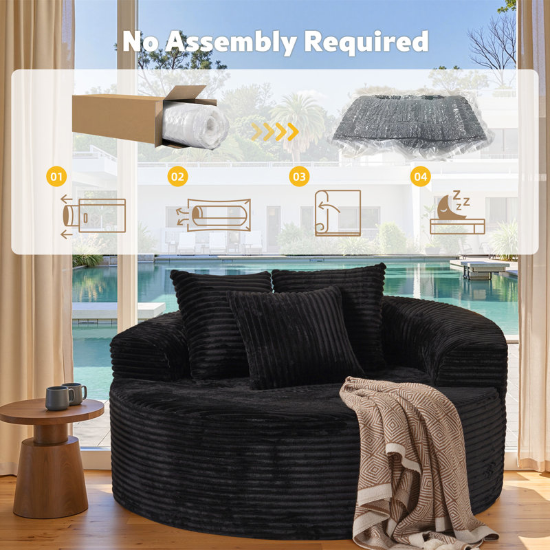 Seren 58" Oversized Round Chair Lounge Chaise, No Assembly Required, Fluffy Modern Sleeper Sofa Bed, Plush Faux Fur & Corduroy Single Sofa For Living Room, Lounge, And Projection Room