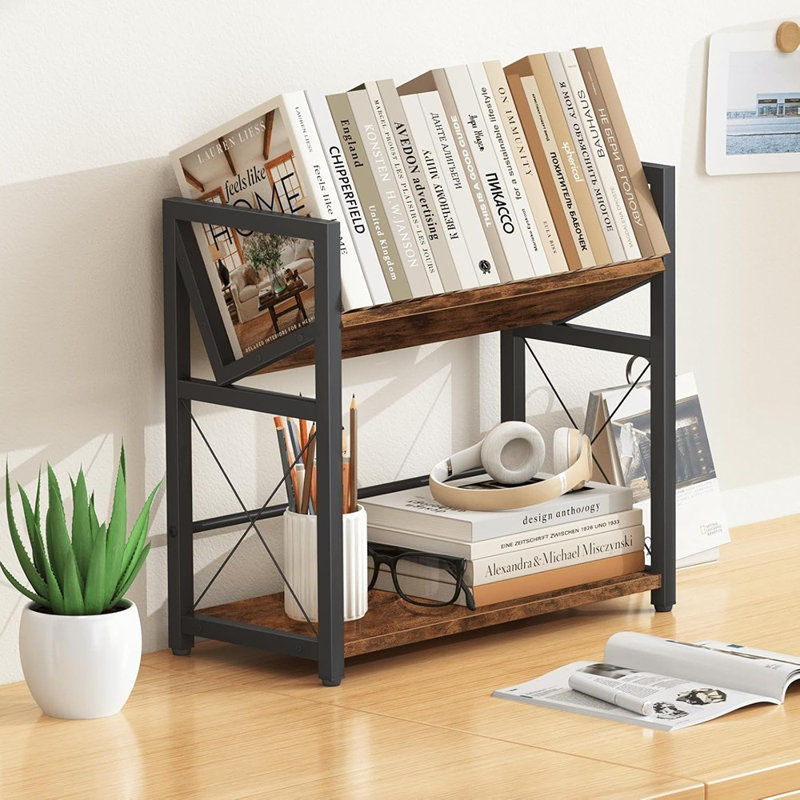 Bibliothèque de bureau, étagère de bureau à 2 niveaux, bibliothèque de table en bois, petit support de bureau pour bureau, maison, chambre à coucher, petit espace de rangement et de présentation, brun rustique