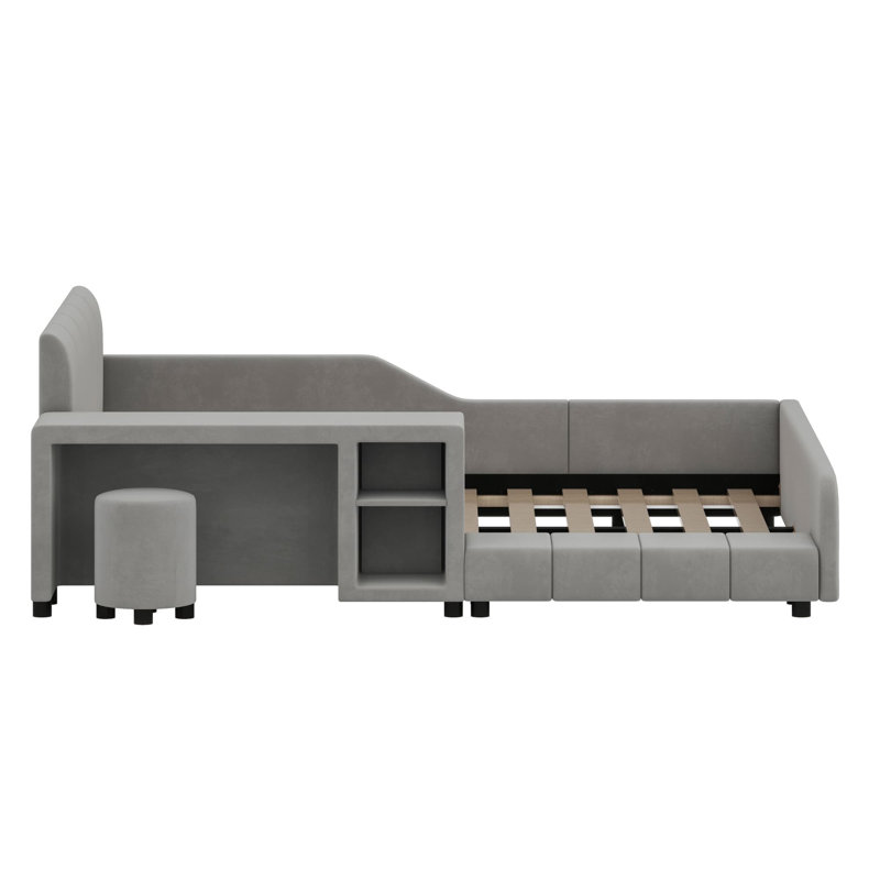 Lit tapissier à la terre, lit mère et enfant avec bureau de chevet et petit tabouret rond, Grey