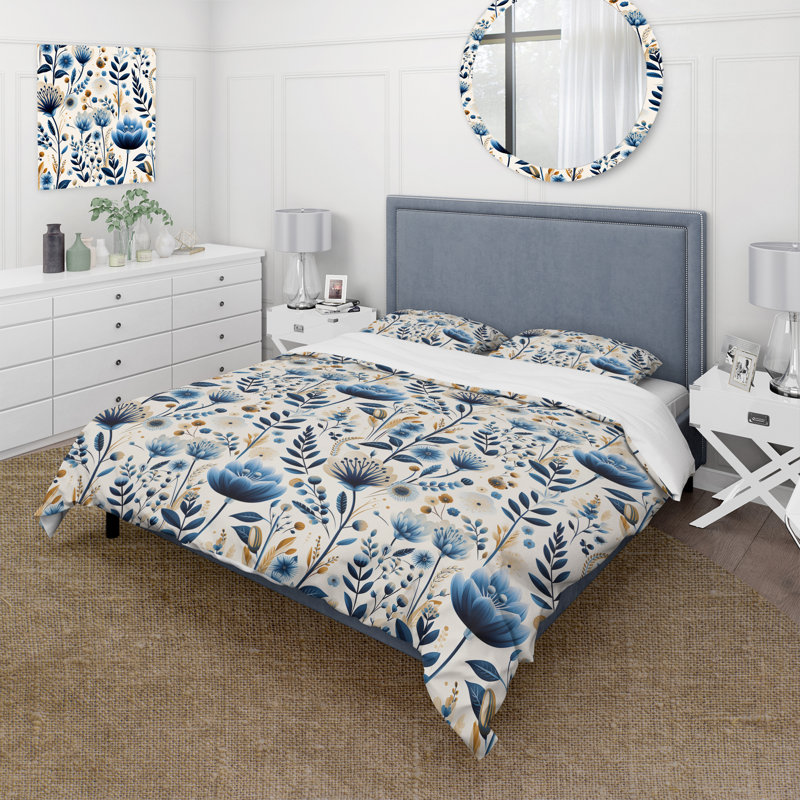 Ensemble de housse de couette Nordic Blue Bloom, Housse de couette pour très grand lit et 2 très