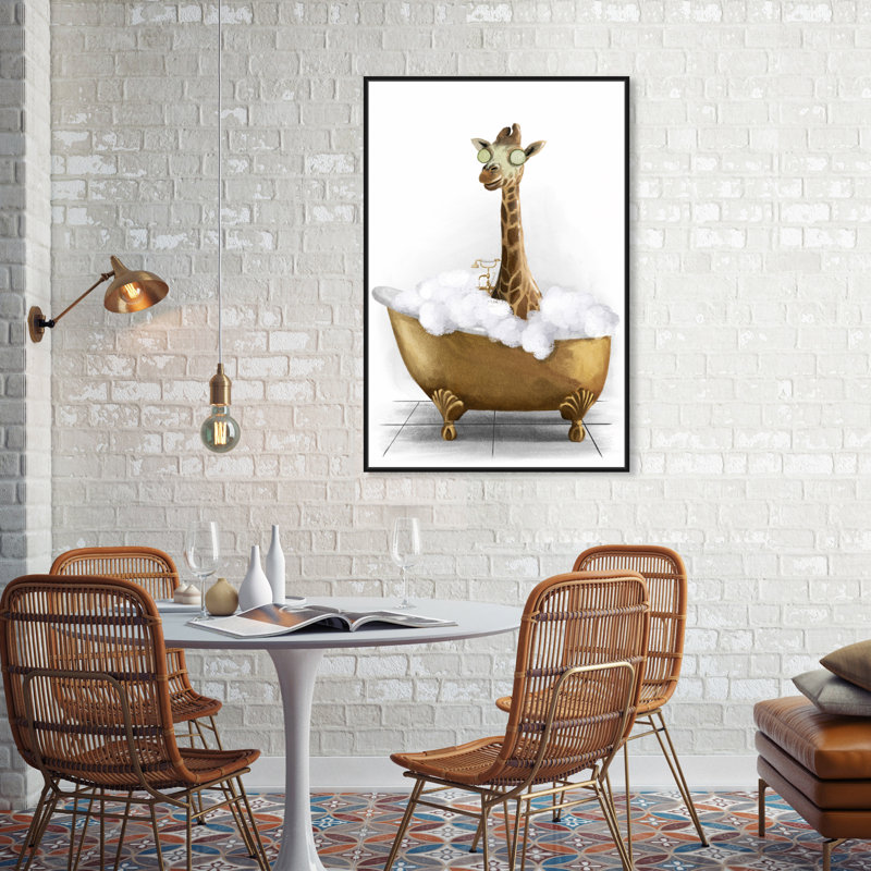 Bathtime Giraffe - Peinture sur toile, Toile encadrée, H 15 po x l 10 po, Noir